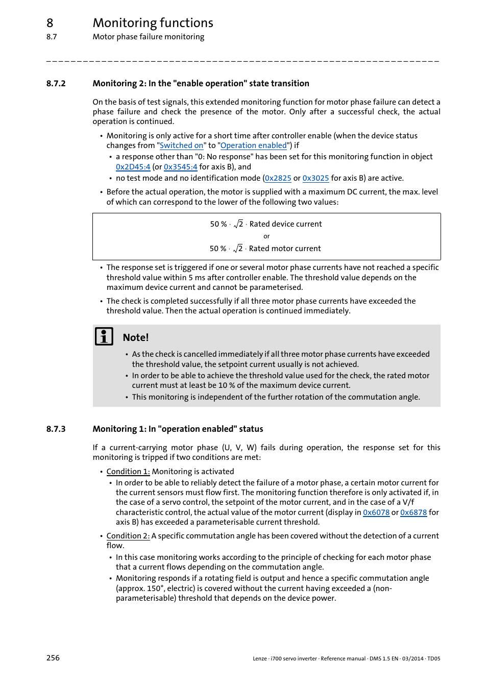 3 monitoring 1: in "operation enabled" status, Monitoring 1: in "operation enabled" status, Monitoring 1 (in the "operation enabled" status) | 8monitoring functions | Lenze i700 User Manual | Page 256 / 338