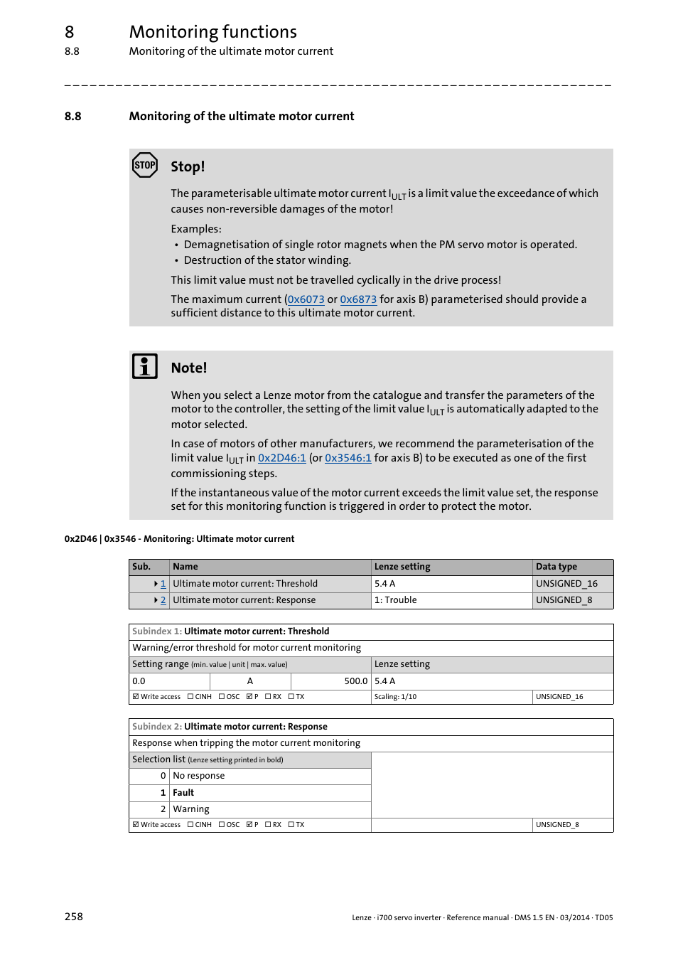 8 monitoring of the ultimate motor current, Monitoring of the ultimate motor current, 0x2d46:1 | 0x3546:1, 0x2d46, 0x3546, 8monitoring functions, Stop | Lenze i700 User Manual | Page 258 / 338