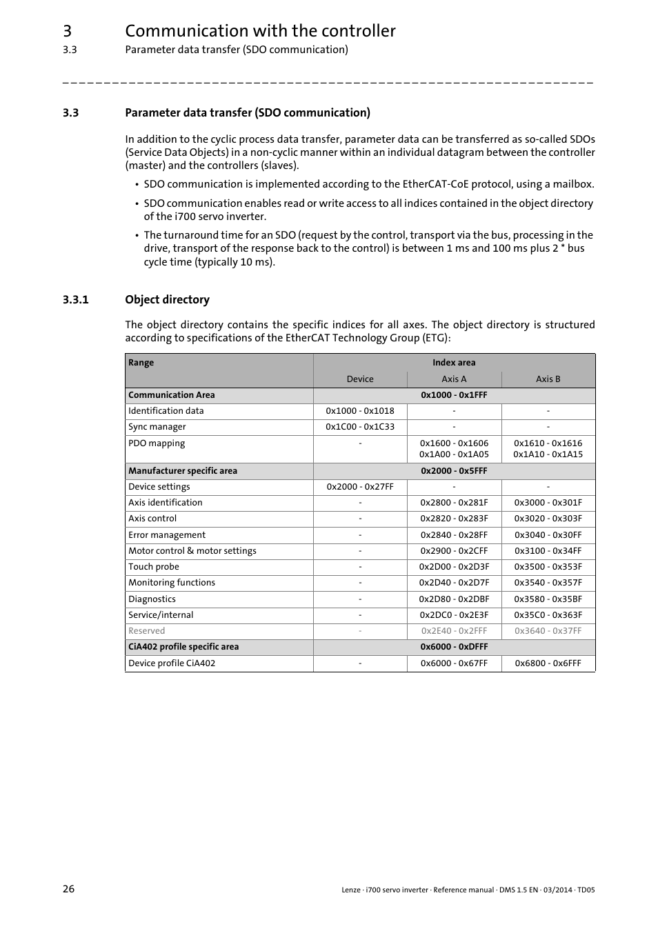 3 parameter data transfer (sdo communication), 1 object directory, Parameter data transfer (sdo communication) | Object directory, 3communication with the controller | Lenze i700 User Manual | Page 26 / 338