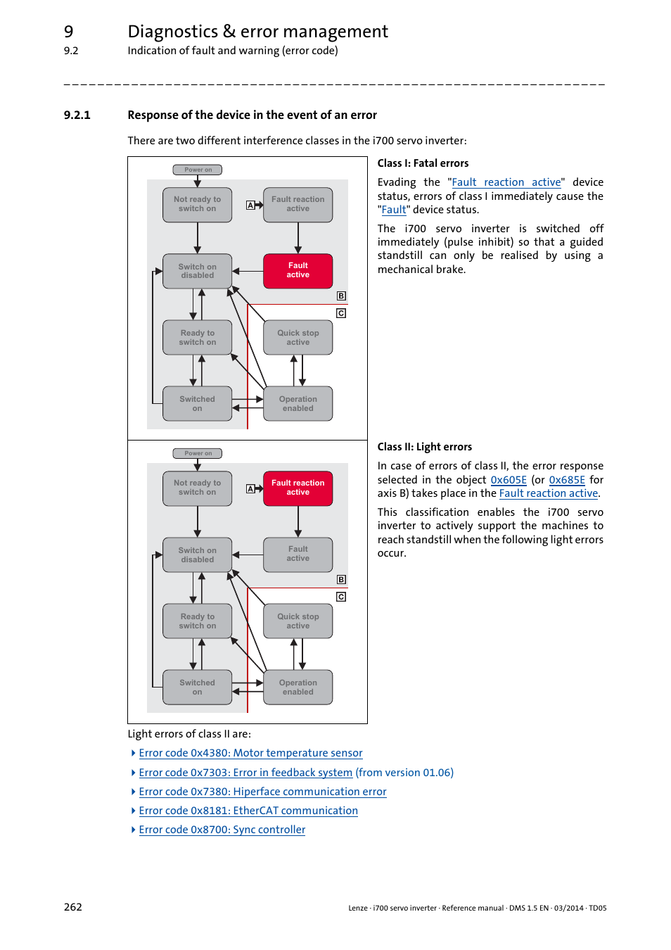 1 response of the device in the event of an error, Response of the device in the event of an error, Errors | 9diagnostics & error management | Lenze i700 User Manual | Page 262 / 338