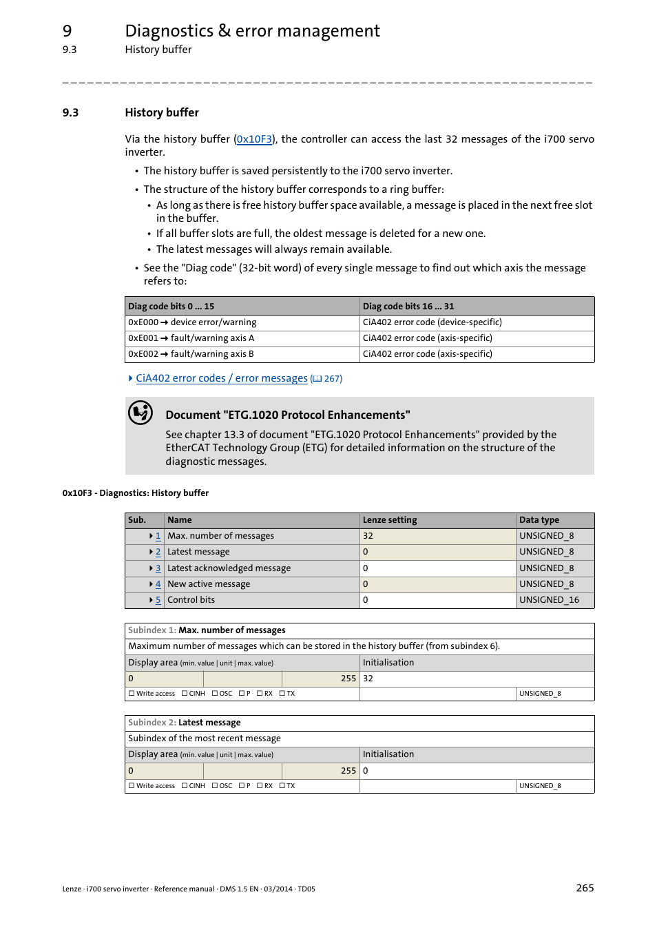 3 history buffer, 0x10f3 - diagnostics: history buffer, History buffer | 0x10f3, E history buffer, In the, 9diagnostics & error management | Lenze i700 User Manual | Page 265 / 338