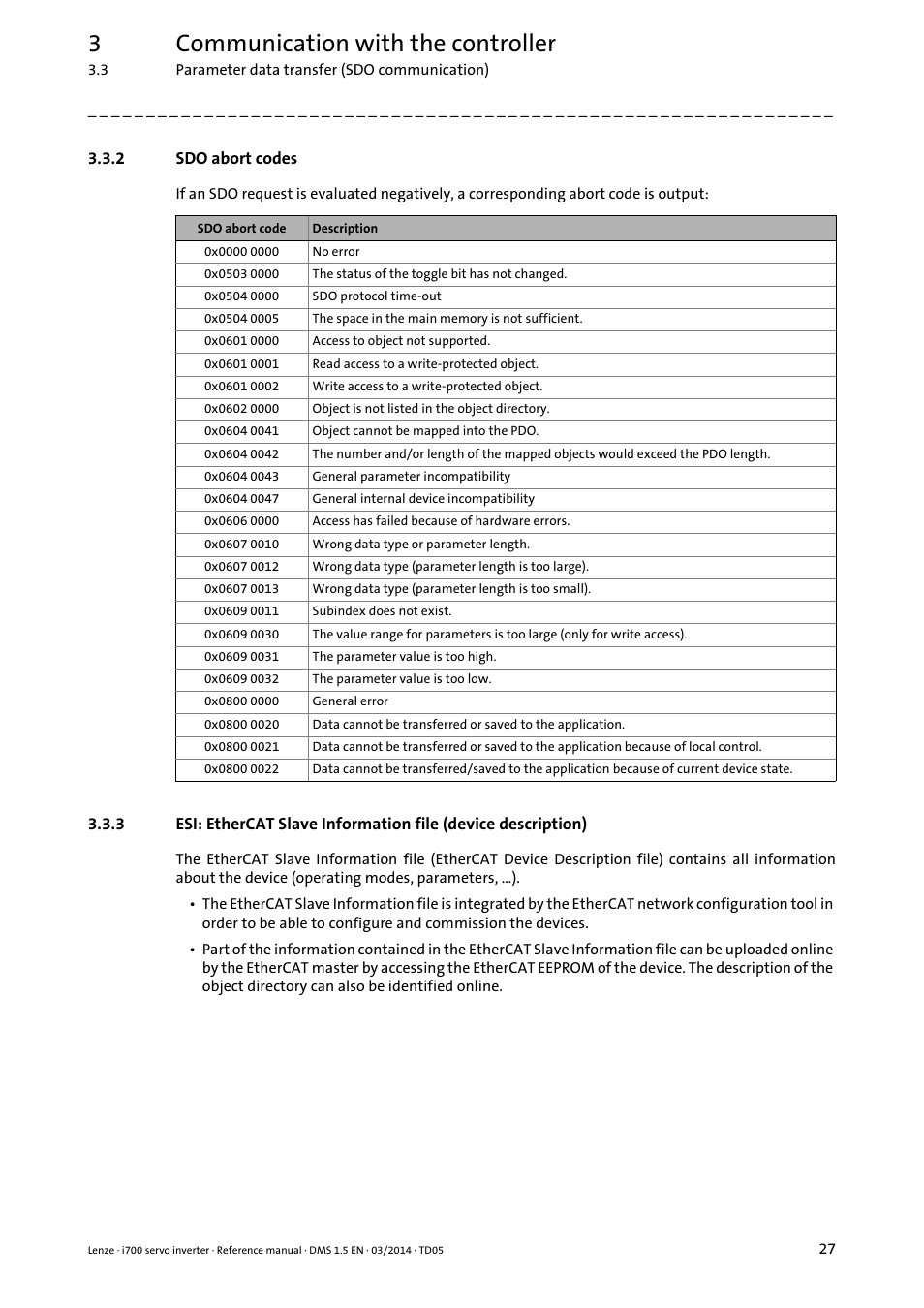 2 sdo abort codes, Sdo abort codes, 3communication with the controller | Lenze i700 User Manual | Page 27 / 338