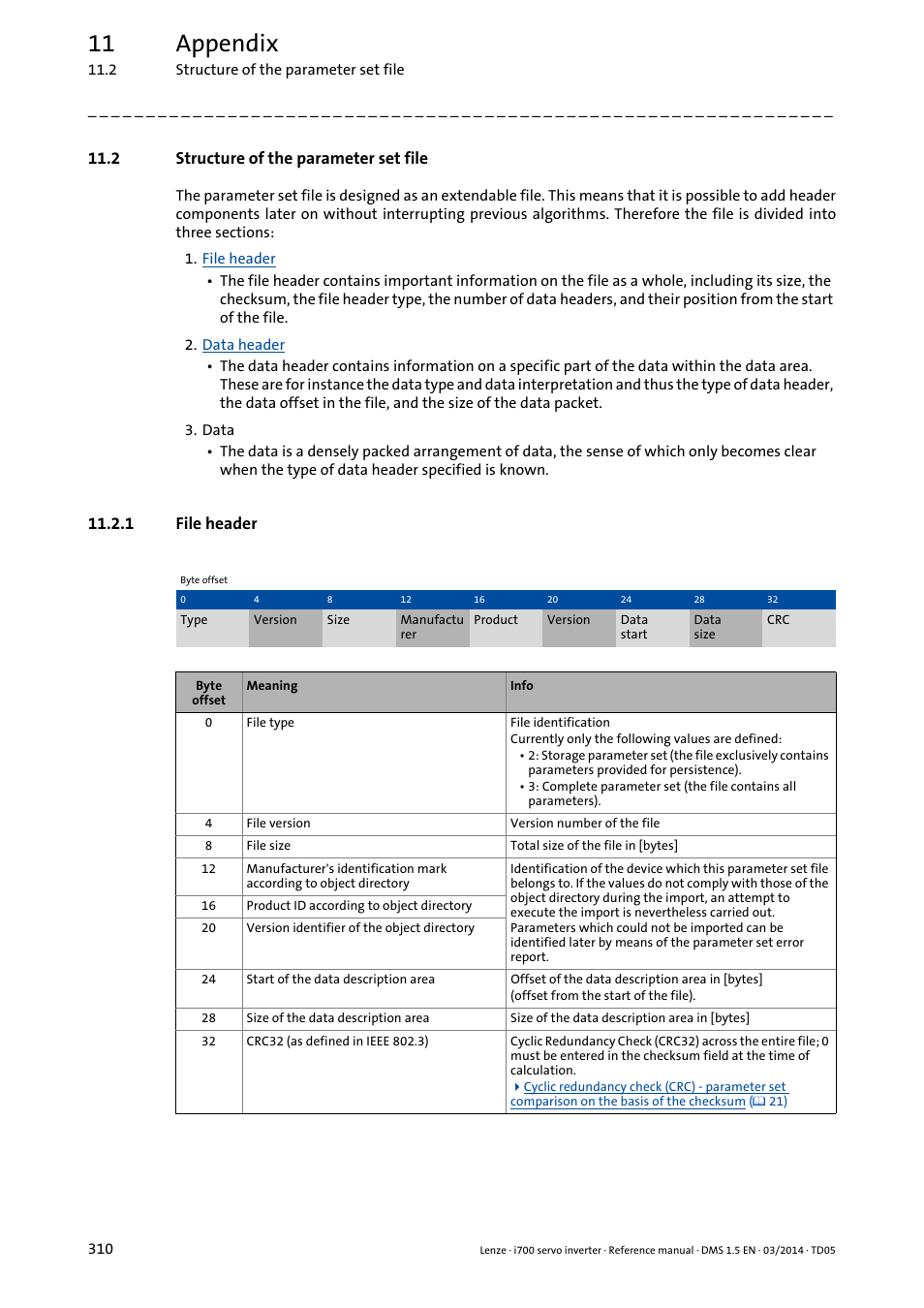 2 structure of the parameter set file, 1 file header, File header | Structure of the parameter set file, 11 appendix | Lenze i700 User Manual | Page 310 / 338