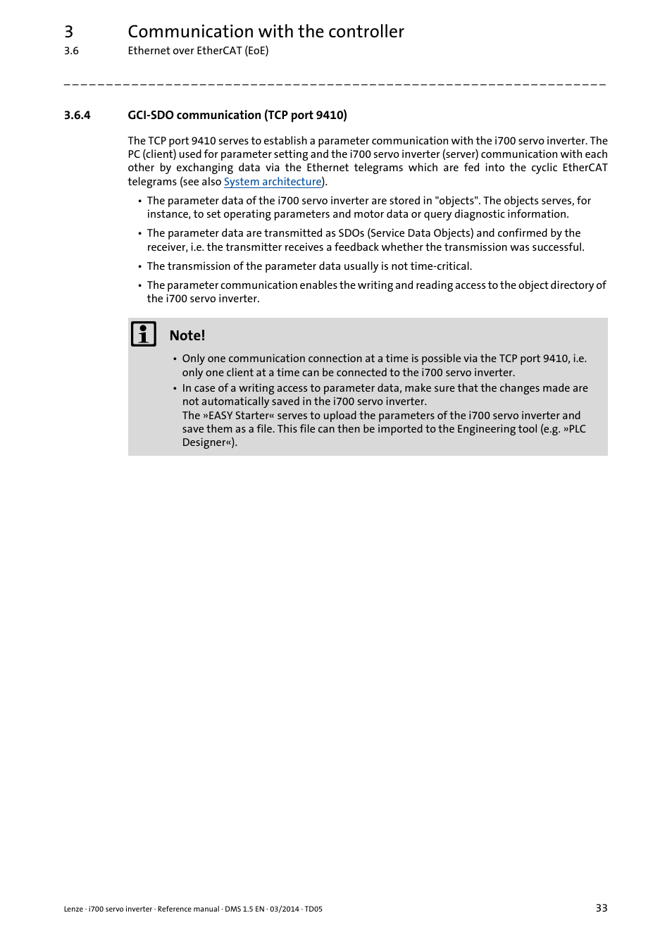 4 gci-sdo communication (tcp port 9410), Gci-sdo communication (tcp port 9410), 3communication with the controller | Lenze i700 User Manual | Page 33 / 338