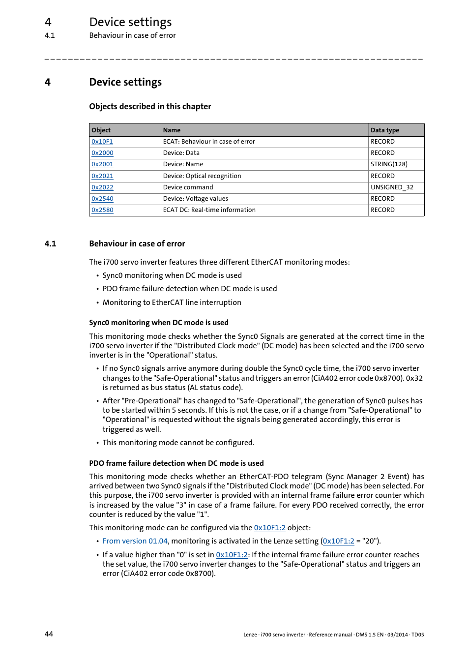 4 device settings, 1 behaviour in case of error, Device settings | Behaviour in case of error, 4device settings | Lenze i700 User Manual | Page 44 / 338