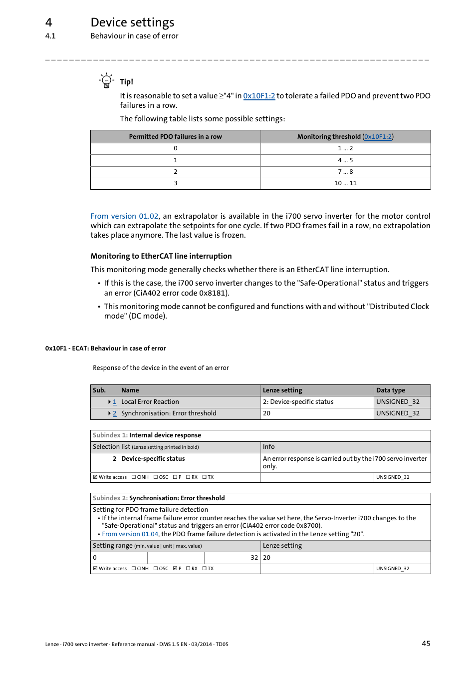 0x10f1 - ecat: behaviour in case of error, Configured via the, 0x10f1:2 | Object, 0x10f1, 4device settings | Lenze i700 User Manual | Page 45 / 338