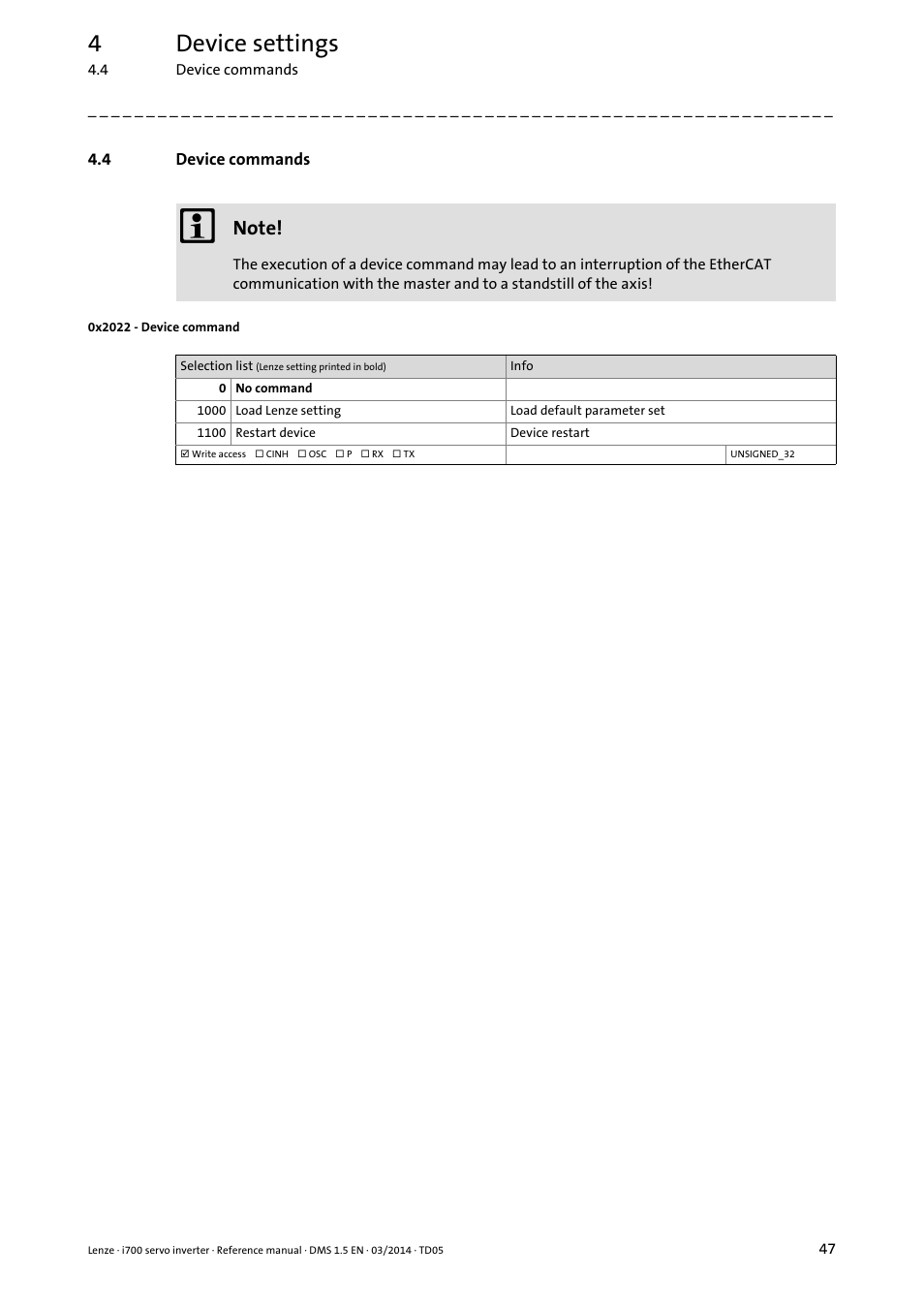 4 device commands, 0x2022 - device command, Device commands | 0x2022, 4device settings | Lenze i700 User Manual | Page 47 / 338