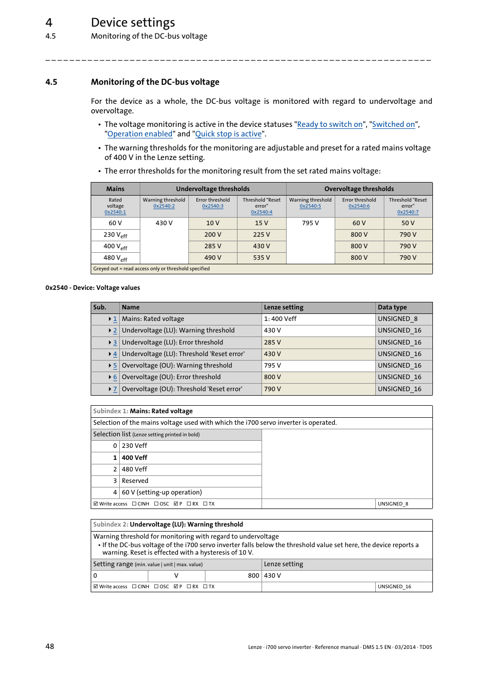 5 monitoring of the dc-bus voltage, 0x2540 - device: voltage values, Monitoring of the dc-bus voltage | 0x2540, 4device settings | Lenze i700 User Manual | Page 48 / 338