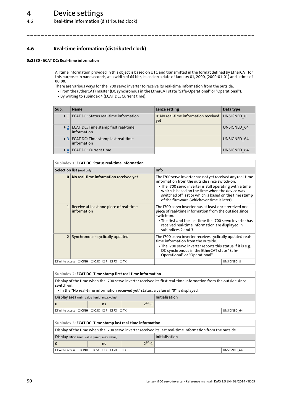 6 real-time information (distributed clock), 0x2580 - ecat dc: real-time information, Real-time information (distributed clock) | 0x2580, 4device settings | Lenze i700 User Manual | Page 50 / 338