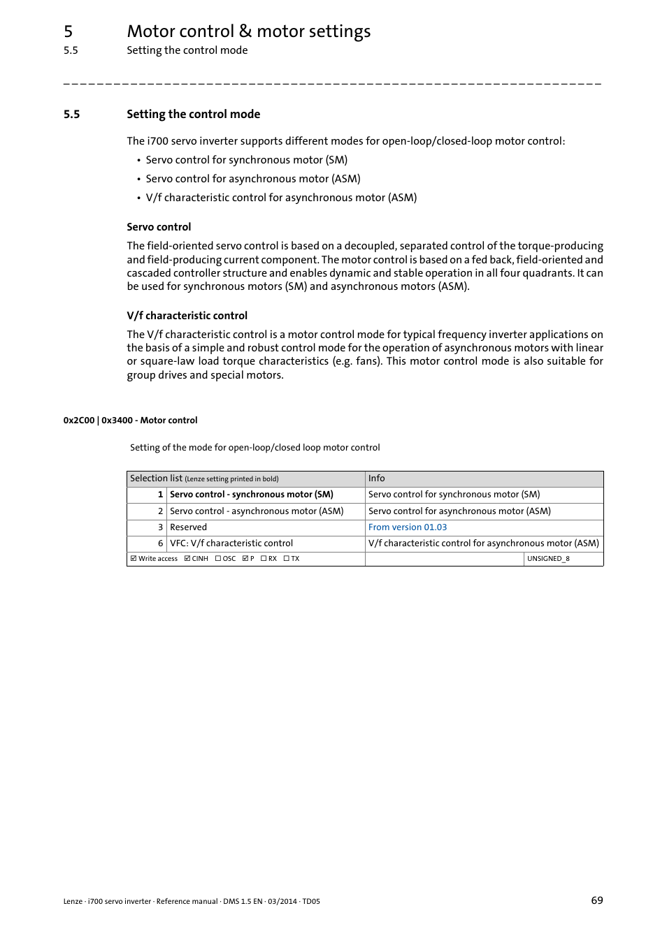 5 setting the control mode, 0x2c00 | 0x3400 - motor control, Setting the control mode | 0x2c00, 0x3400, 5motor control & motor settings | Lenze i700 User Manual | Page 69 / 338