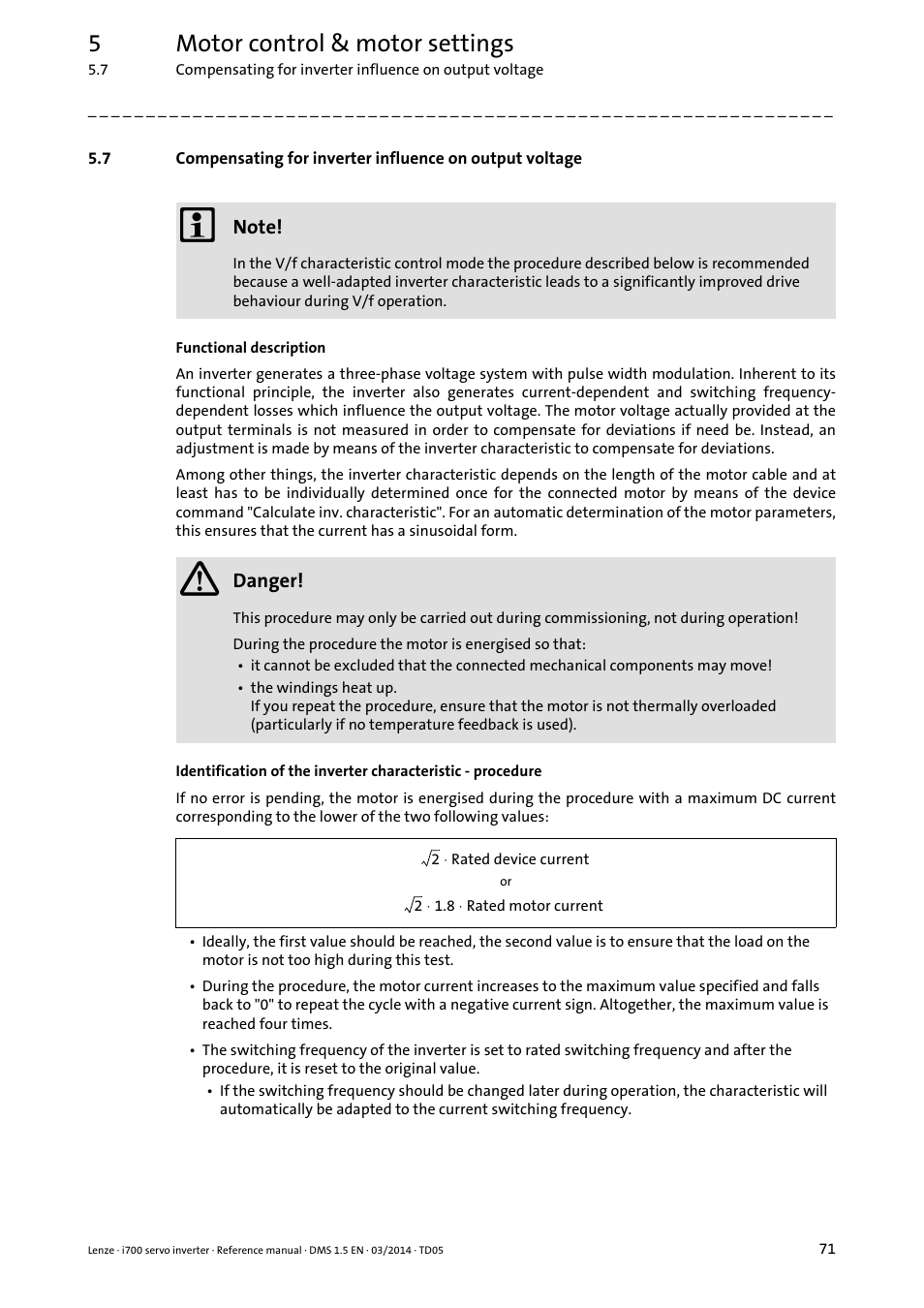 Compensating for inverter influence on output, Voltage, 5motor control & motor settings | Lenze i700 User Manual | Page 71 / 338