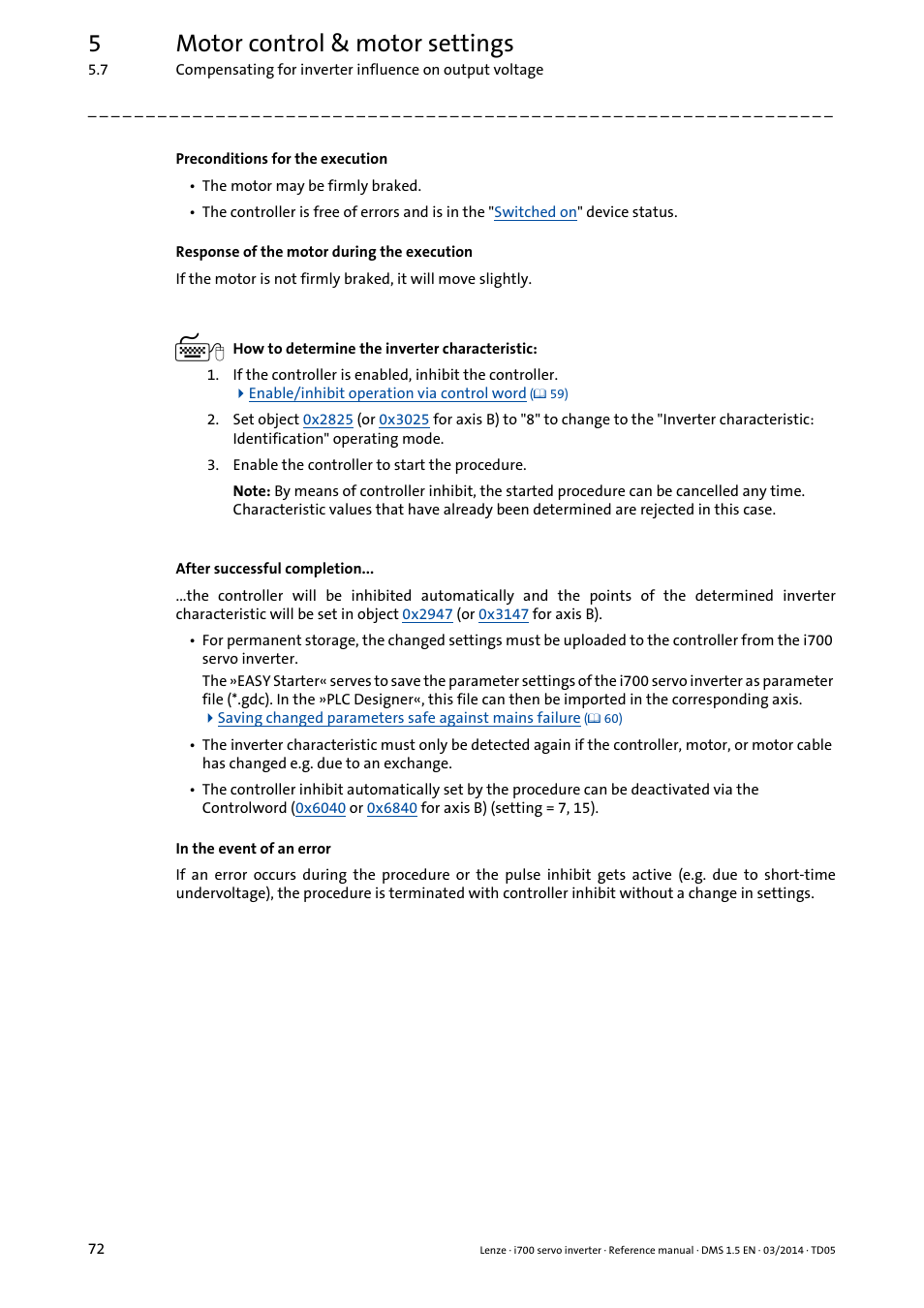 5motor control & motor settings | Lenze i700 User Manual | Page 72 / 338