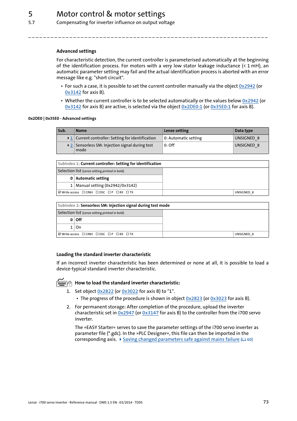 0x2de0 | 0x35e0 - advanced settings, 0x2de0, 0x35e0 | Loading the standard inverter characteristic, 5motor control & motor settings | Lenze i700 User Manual | Page 73 / 338