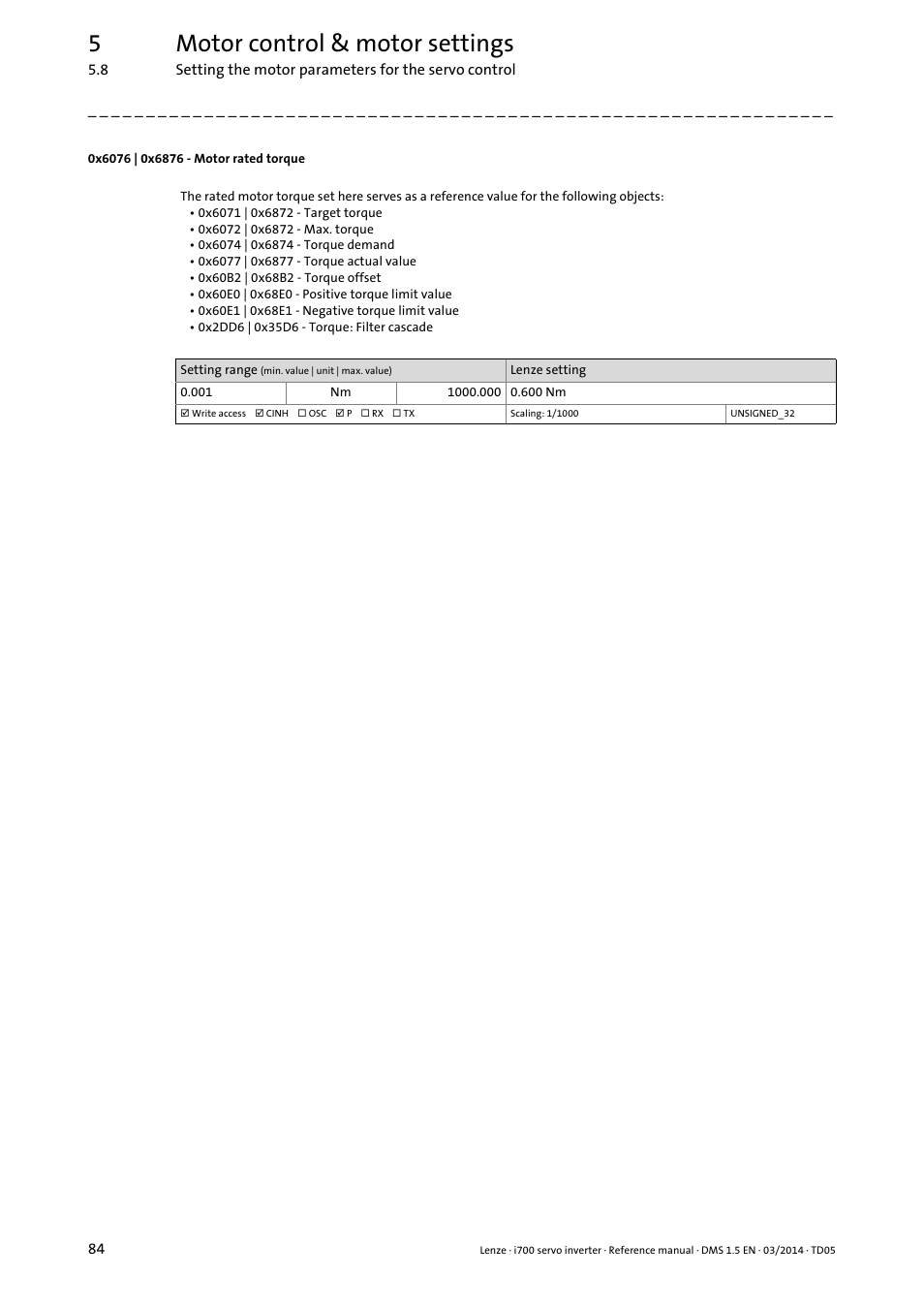 0x6076 | 0x6876 - motor rated torque, 0x6076, 0x6876 | 5motor control & motor settings | Lenze i700 User Manual | Page 84 / 338