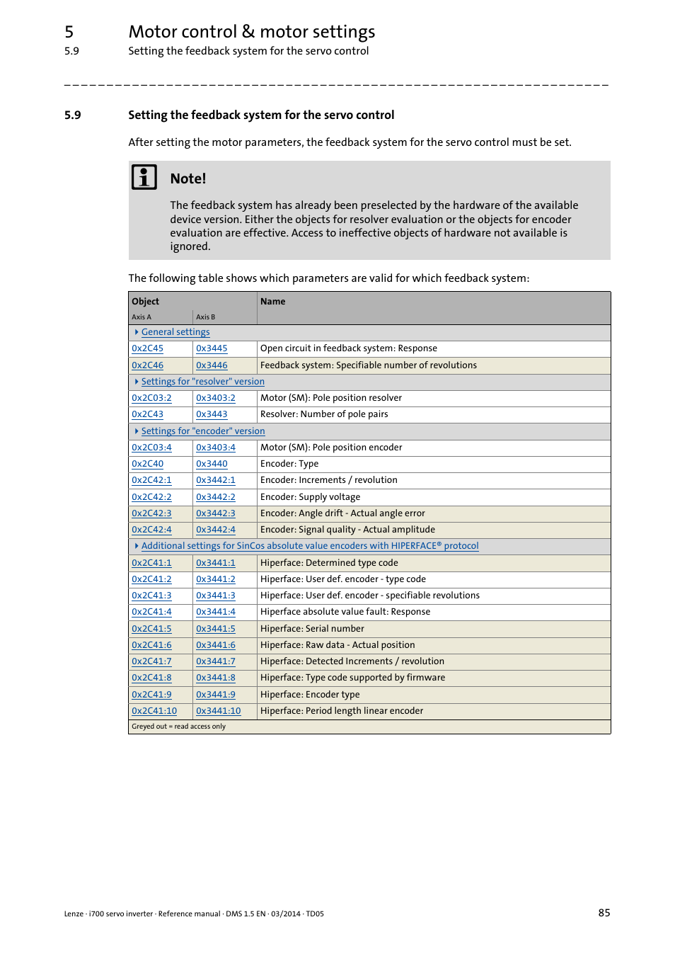 Setting the feedback system for the servo control, 5motor control & motor settings | Lenze i700 User Manual | Page 85 / 338