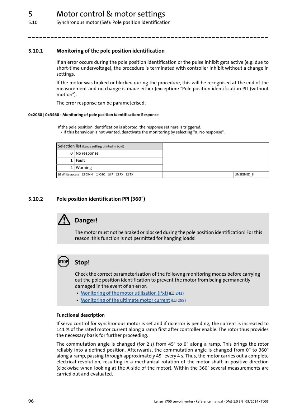 1 monitoring of the pole position identification, 2 pole position identification ppi (360˚), Monitoring of the pole position identification | Pole position identification ppi (360°), 0x2c60, 0x3460, 5motor control & motor settings, Danger, Stop | Lenze i700 User Manual | Page 96 / 338