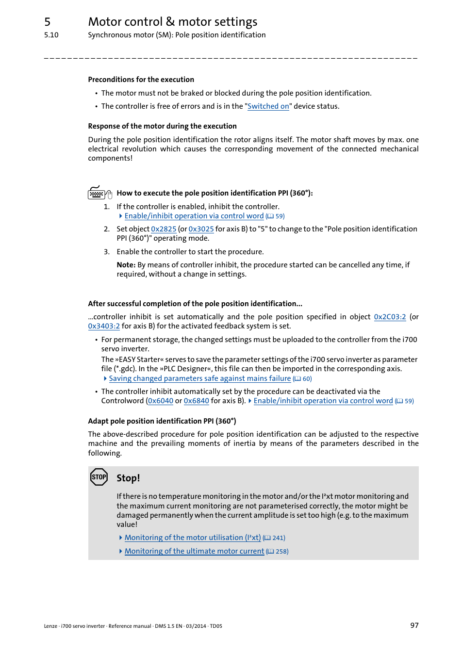 5motor control & motor settings, Stop | Lenze i700 User Manual | Page 97 / 338