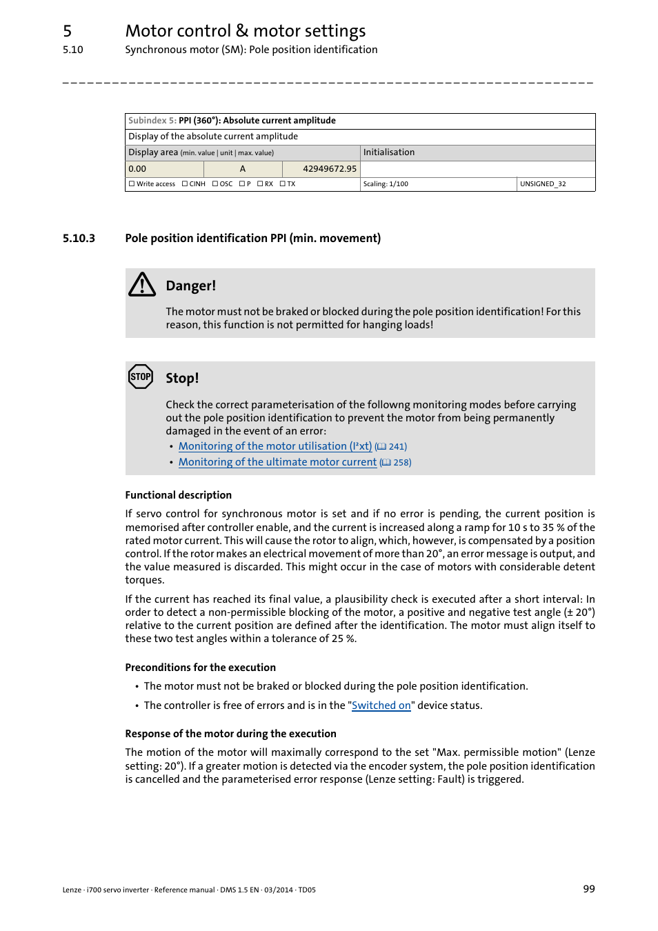 3 pole position identification ppi (min. movement), Pole position identification ppi (min. movement), 5motor control & motor settings | Danger, Stop | Lenze i700 User Manual | Page 99 / 338