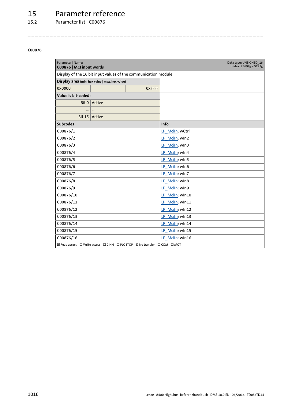 C00876 | mci input words, C00876/1, C00876/2 | 15 parameter reference | Lenze 8400 HighLine User Manual | Page 1016 / 1576