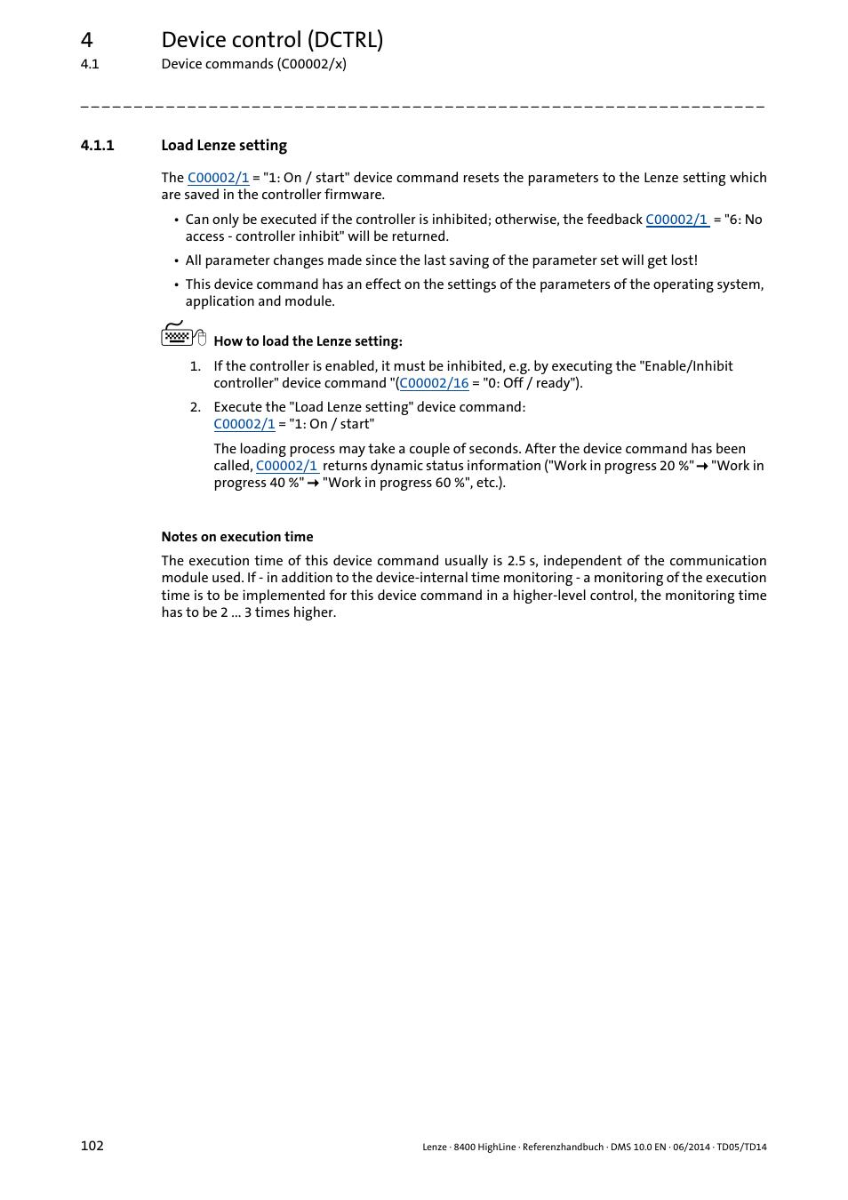 1 load lenze setting, Load lenze setting, 4device control (dctrl) | Lenze 8400 HighLine User Manual | Page 102 / 1576