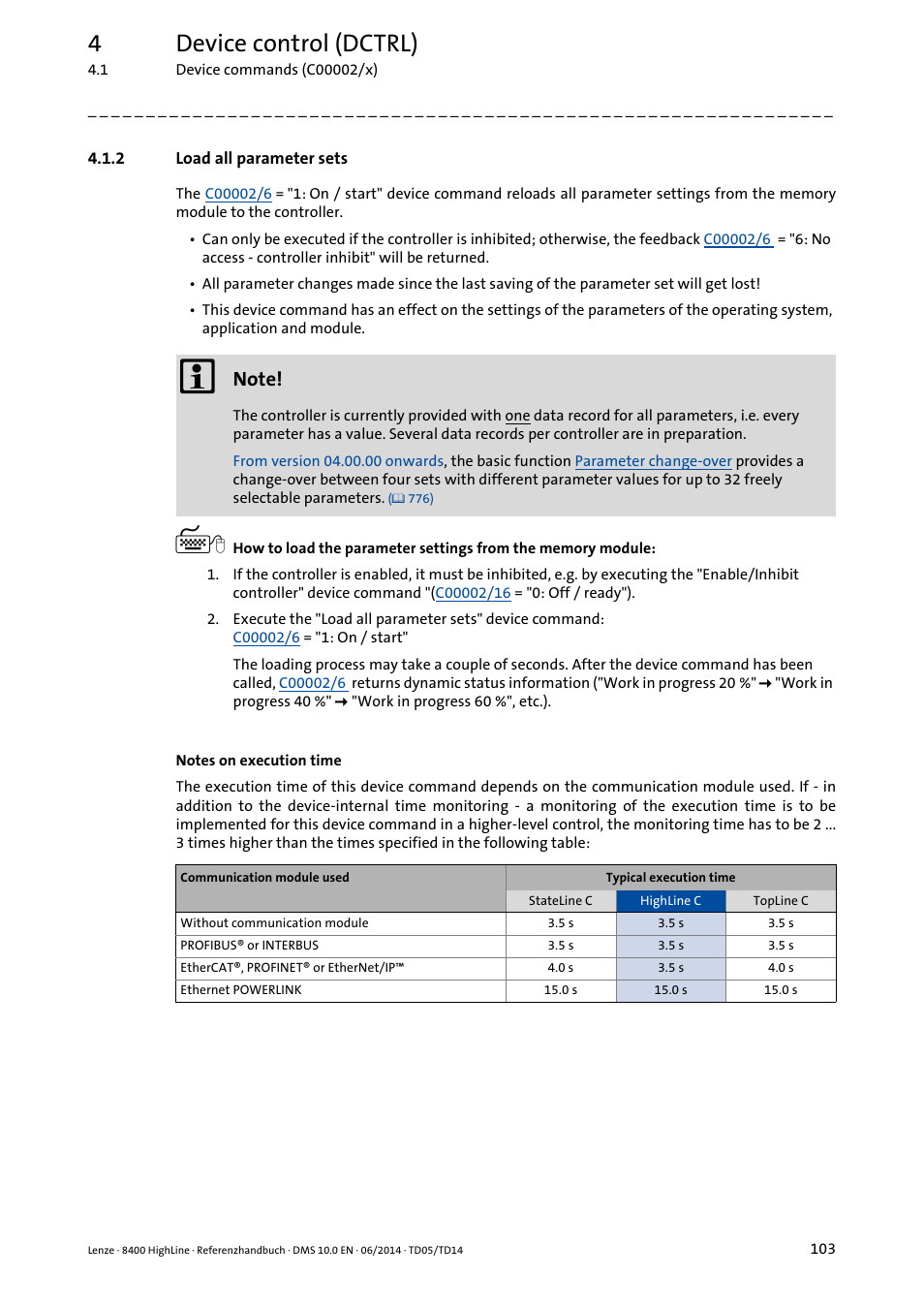 2 load all parameter sets, Load all parameter sets, 4device control (dctrl) | Lenze 8400 HighLine User Manual | Page 103 / 1576