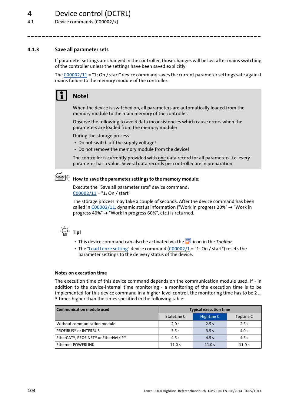 3 save all parameter sets, Save all parameter sets, 4device control (dctrl) | Lenze 8400 HighLine User Manual | Page 104 / 1576