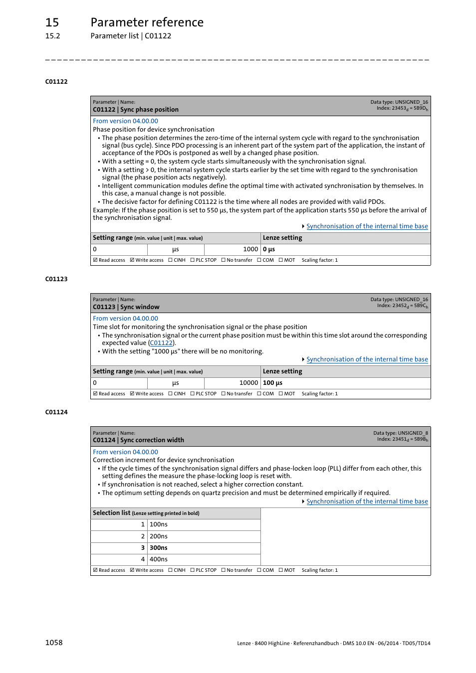 C01122 | sync phase position, C01123 | sync window, C01124 | sync correction width | C01122, C01123, C01124, Rmining, The poin, 15 parameter reference | Lenze 8400 HighLine User Manual | Page 1058 / 1576
