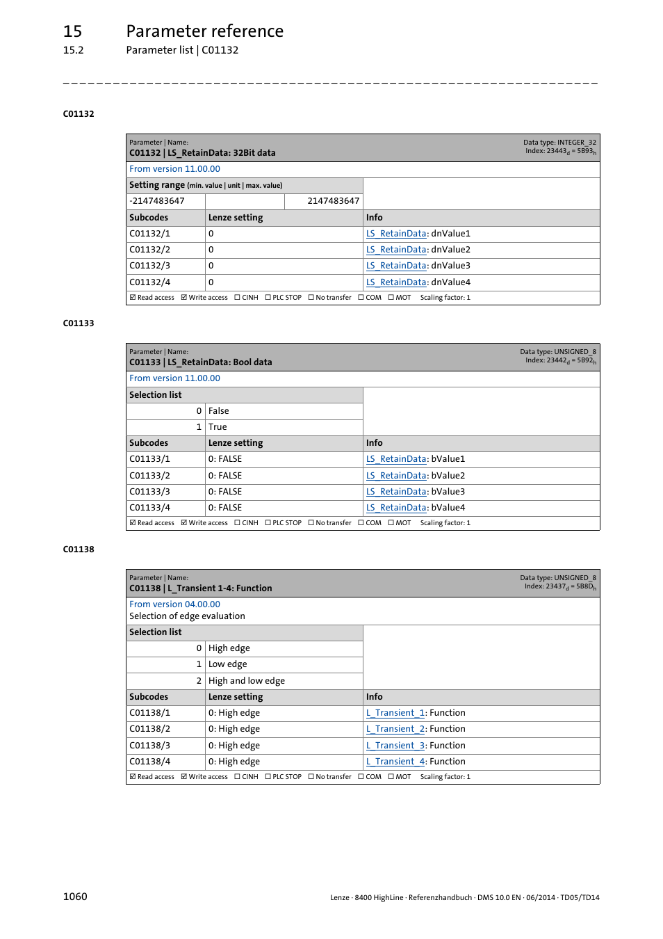 C01132 | ls_retaindata: 32bit data, C01133 | ls_retaindata: bool data, C01138 | l_transient 1-4: function | 15 parameter reference | Lenze 8400 HighLine User Manual | Page 1060 / 1576