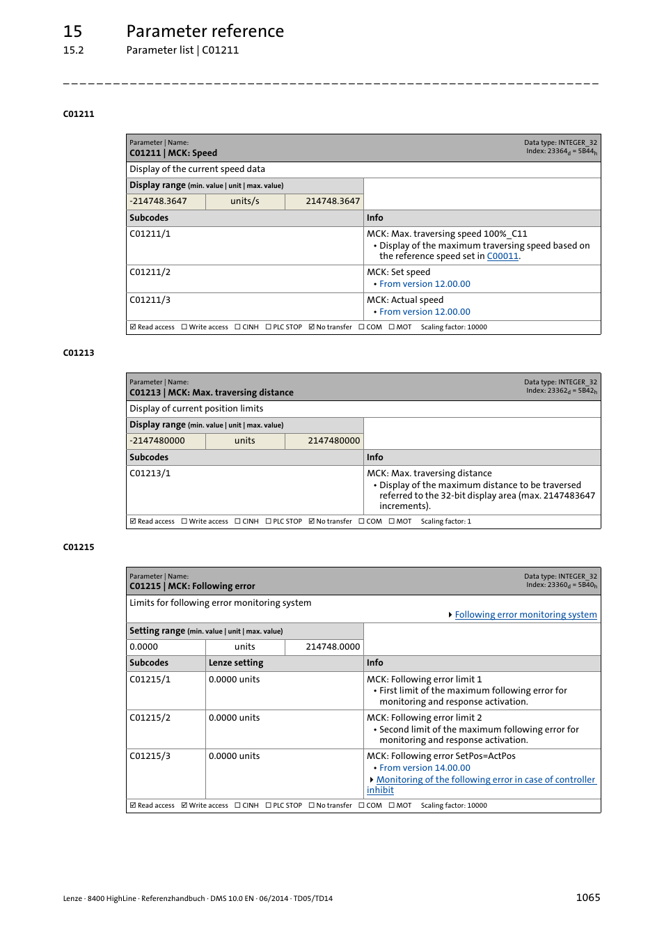 C01211 | mck: speed, C01213 | mck: max. traversing distance, C01215 | mck: following error | Display in, C01211/1, C01244/2, C01215/2, C01213/1, C01215/1, Ror in | Lenze 8400 HighLine User Manual | Page 1065 / 1576