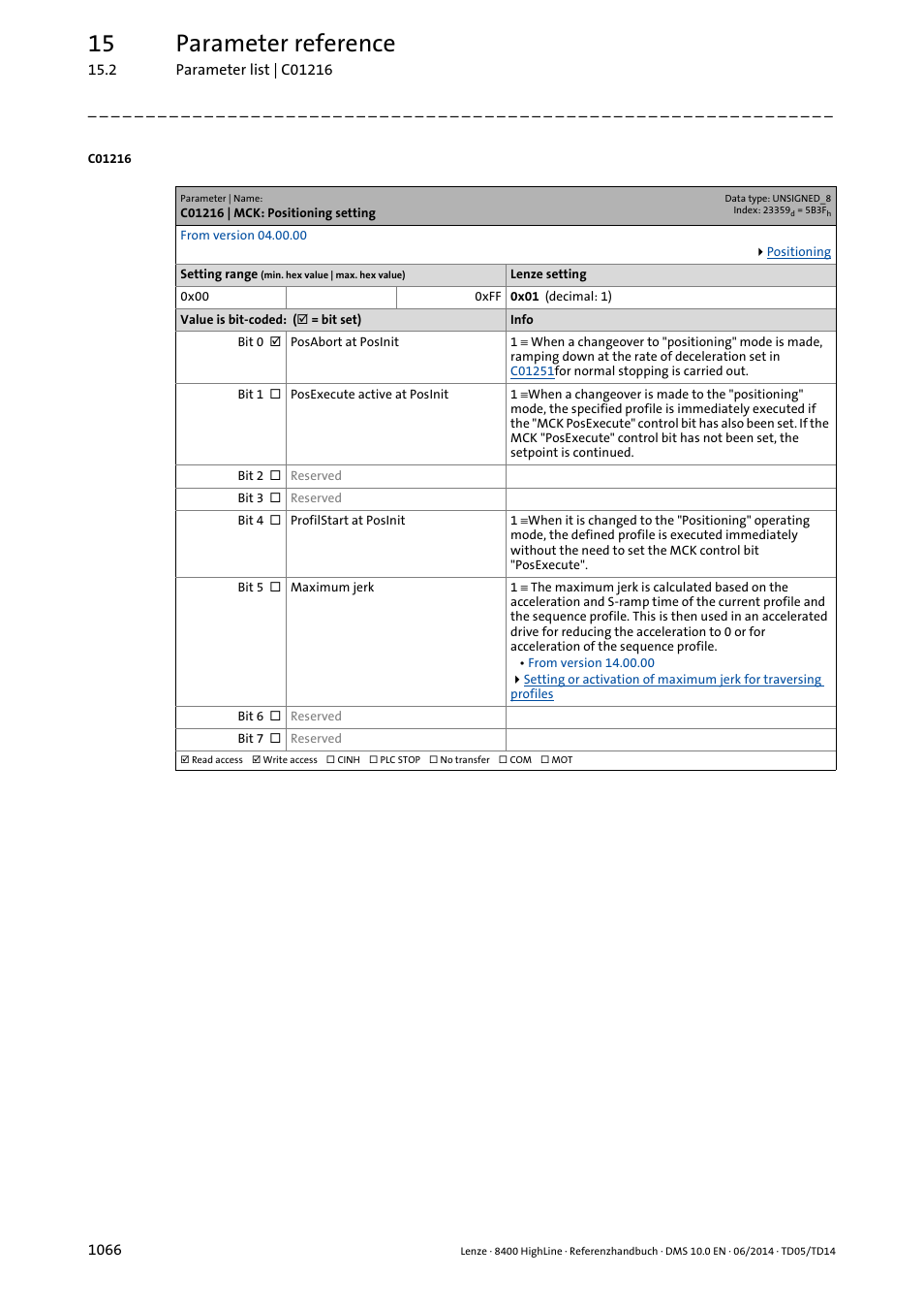 C01216 | mck: positioning setting, C01216, G in | 15 parameter reference | Lenze 8400 HighLine User Manual | Page 1066 / 1576