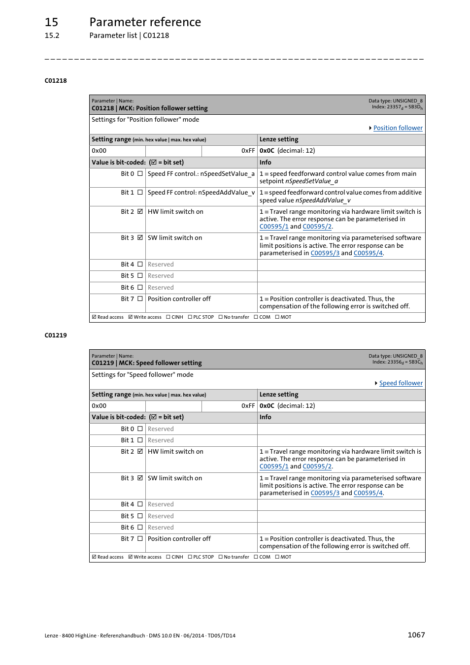 C01218 | mck: position follower setting, C01219 | mck: speed follower setting, C01219 | C01218, 15 parameter reference | Lenze 8400 HighLine User Manual | Page 1067 / 1576