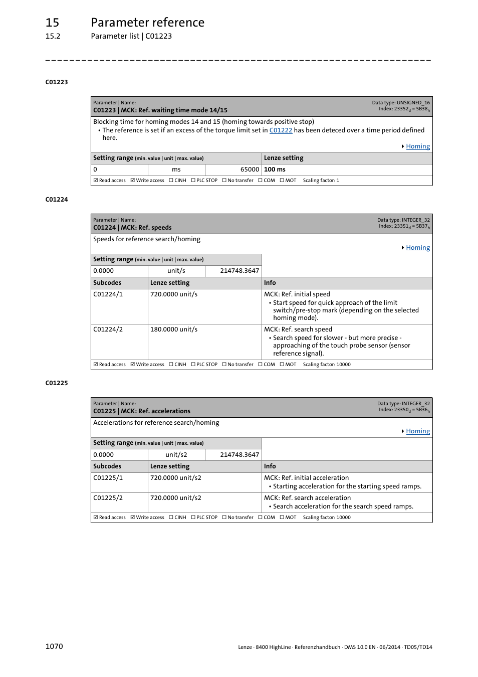 C01223 | mck: ref. waiting time mode 14/15, C01224 | mck: ref. speeds, C01225 | mck: ref. accelerations | C01224/1, C01225/1, C01224/2, C01225/2, C01223, Homing to positive stop"), 15 parameter reference | Lenze 8400 HighLine User Manual | Page 1070 / 1576