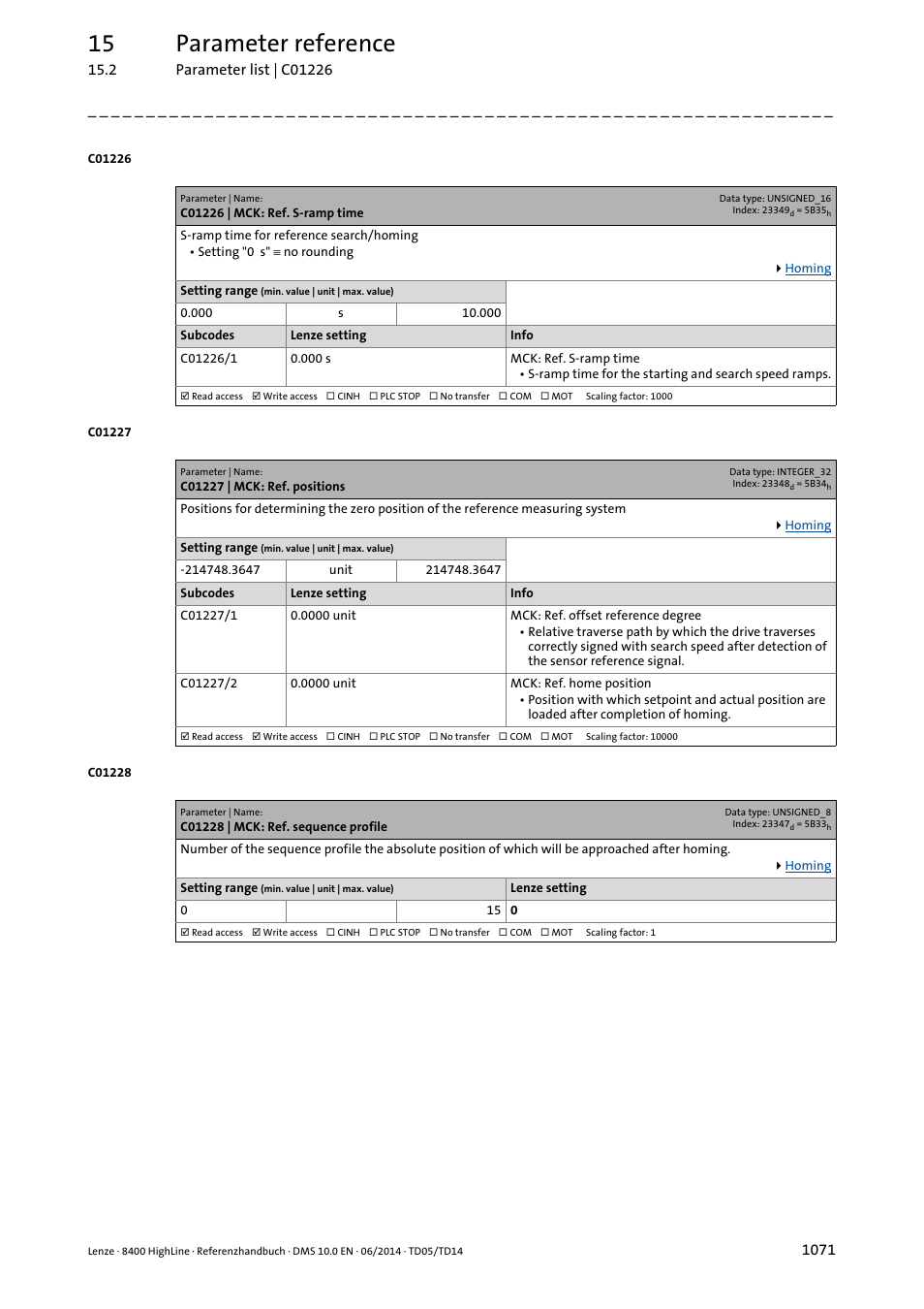 C01226 | mck: ref. s-ramp time, C01227 | mck: ref. positions, C01228 | mck: ref. sequence profile | C01227/2, C01227/1, To preve, C01226/1, C01228, Et in, 15 parameter reference | Lenze 8400 HighLine User Manual | Page 1071 / 1576
