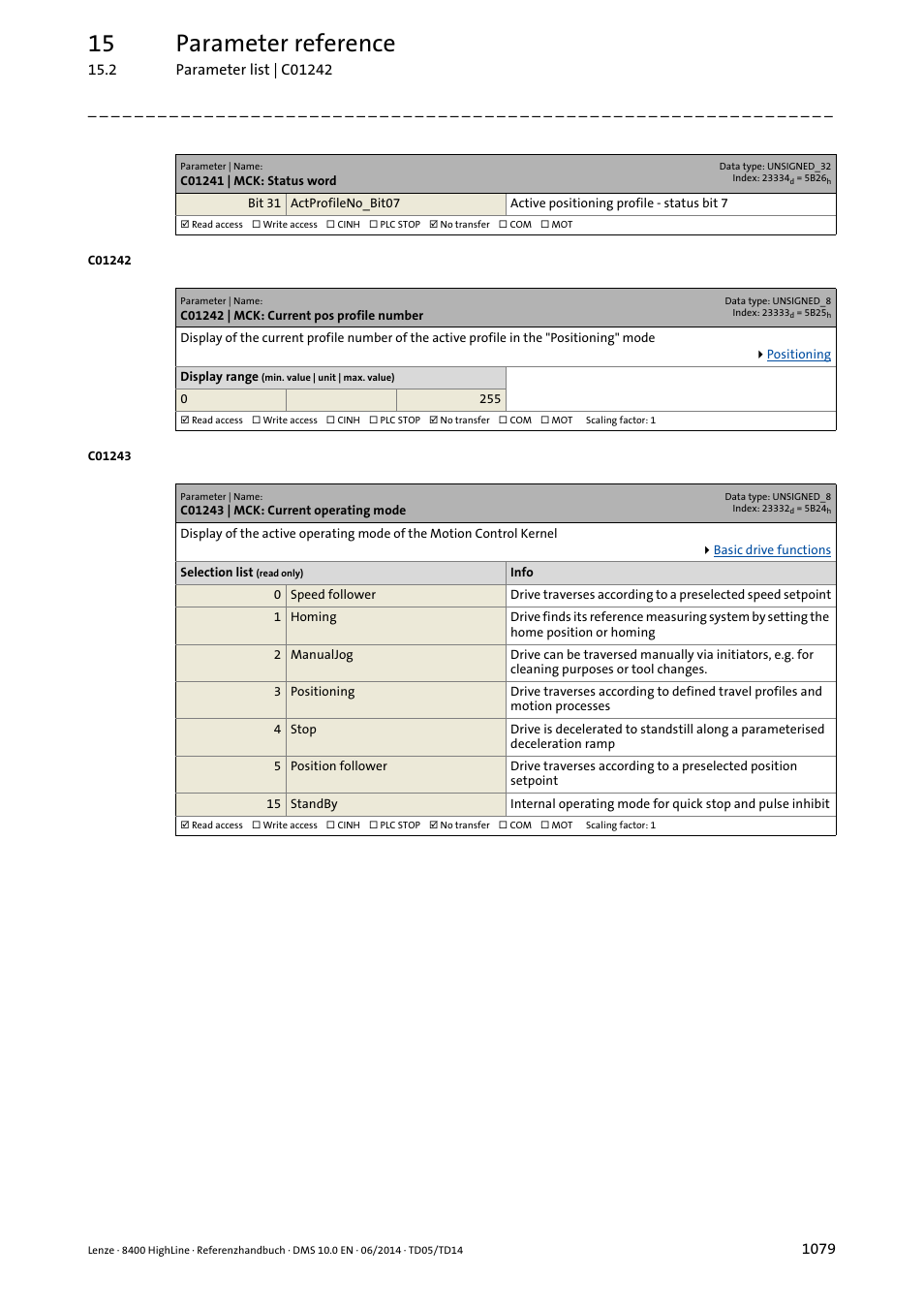 C01242 | mck: current pos profile number, C01243 | mck: current operating mode, C01243 | Is displayed in, C01242, 15 parameter reference | Lenze 8400 HighLine User Manual | Page 1079 / 1576