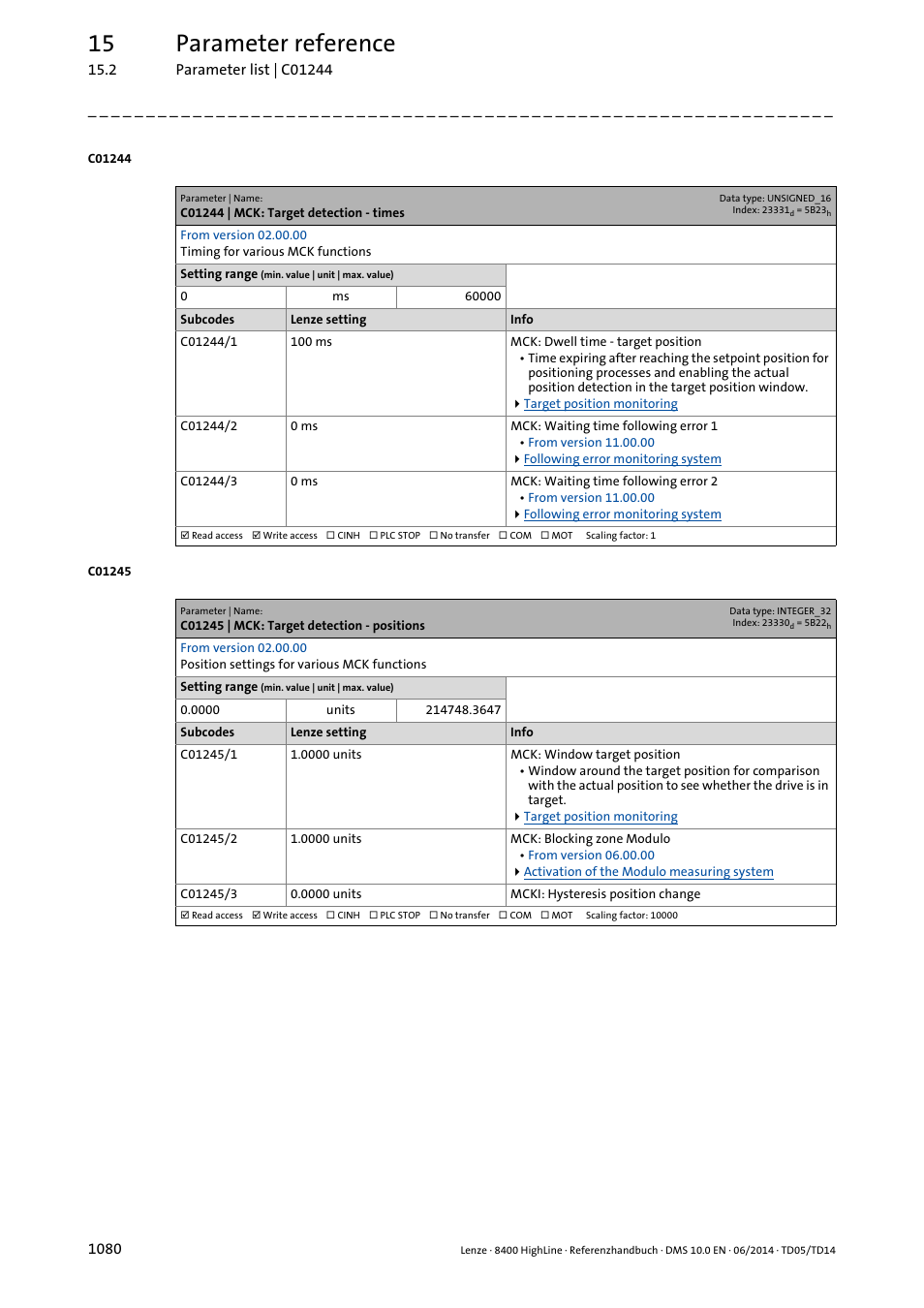 C01244 | mck: target detection - times, C01245 | mck: target detection - positions, C01215/1 | C01244/3, C01245/3, C01244/1, C01245/1, Time set in, C01244/2, C01244/x | Lenze 8400 HighLine User Manual | Page 1080 / 1576