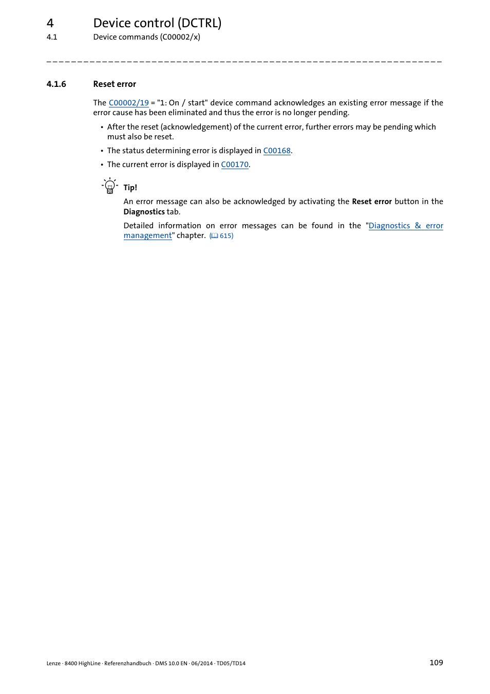 6 reset error, Reset error, 4device control (dctrl) | Lenze 8400 HighLine User Manual | Page 109 / 1576