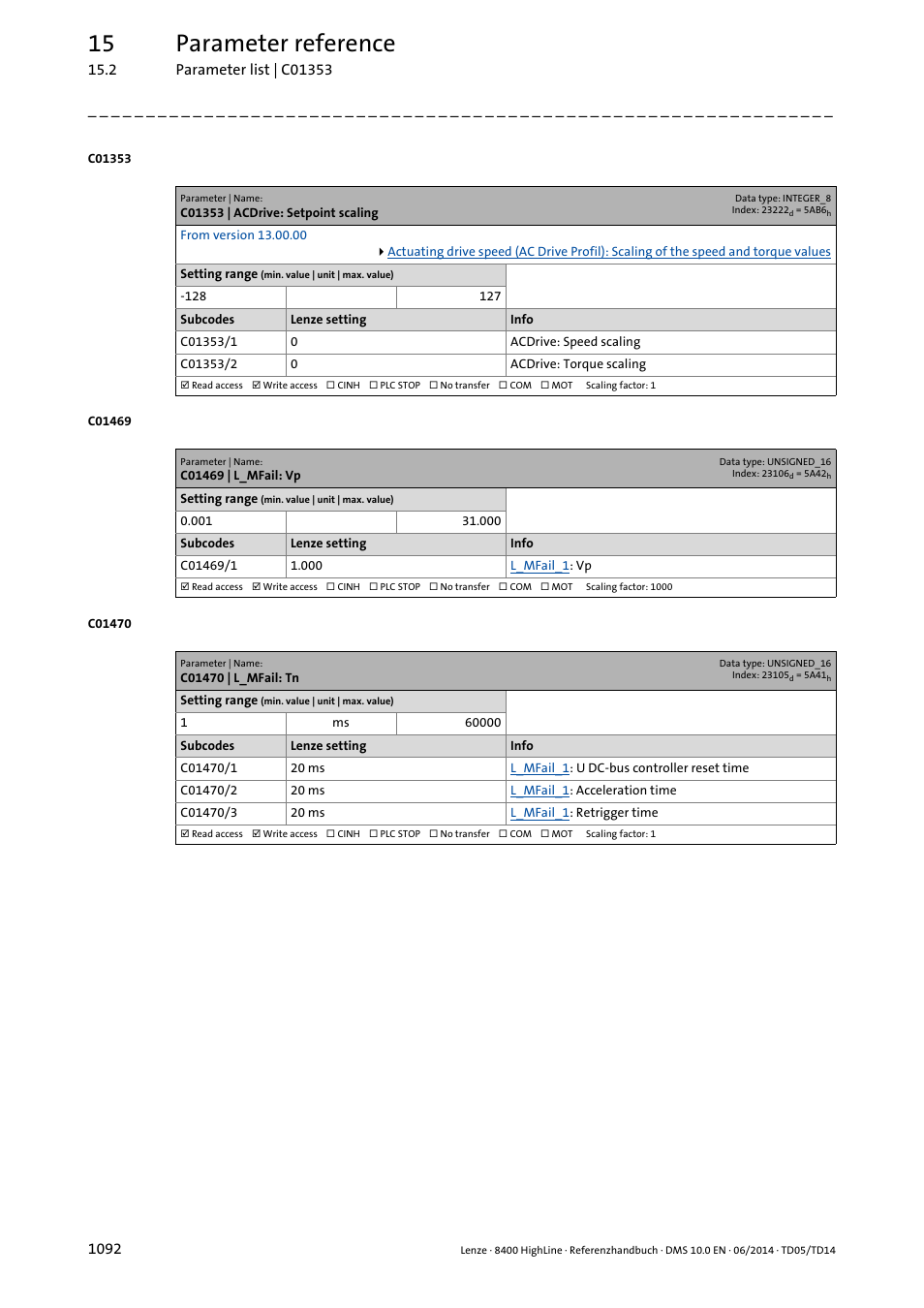 C01353 | acdrive: setpoint scaling, C01469 | l_mfail: vp, C01470 | l_mfail: tn | C01353/1, Ac drive attri, C01353/2, 15 parameter reference | Lenze 8400 HighLine User Manual | Page 1092 / 1576