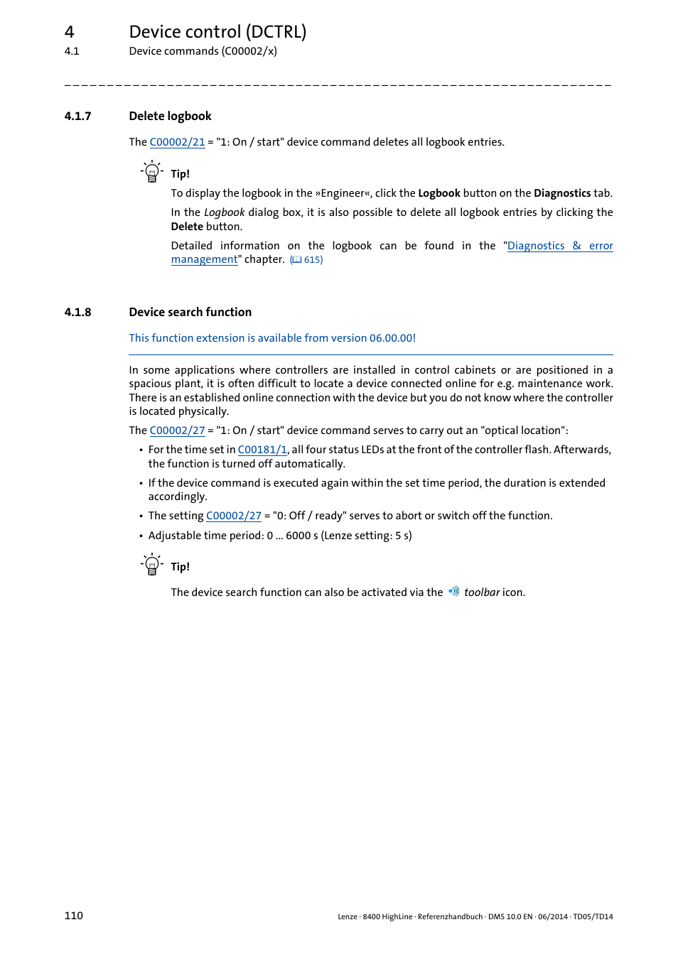 7 delete logbook, 8 device search function, Delete logbook | Device search function, 4device control (dctrl) | Lenze 8400 HighLine User Manual | Page 110 / 1576