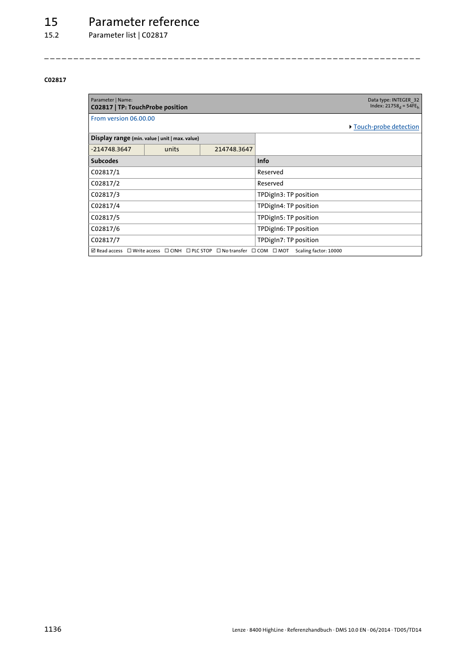 C02817 | tp: touchprobe position, Position, C02817/x | C02817/3, 15 parameter reference | Lenze 8400 HighLine User Manual | Page 1136 / 1576