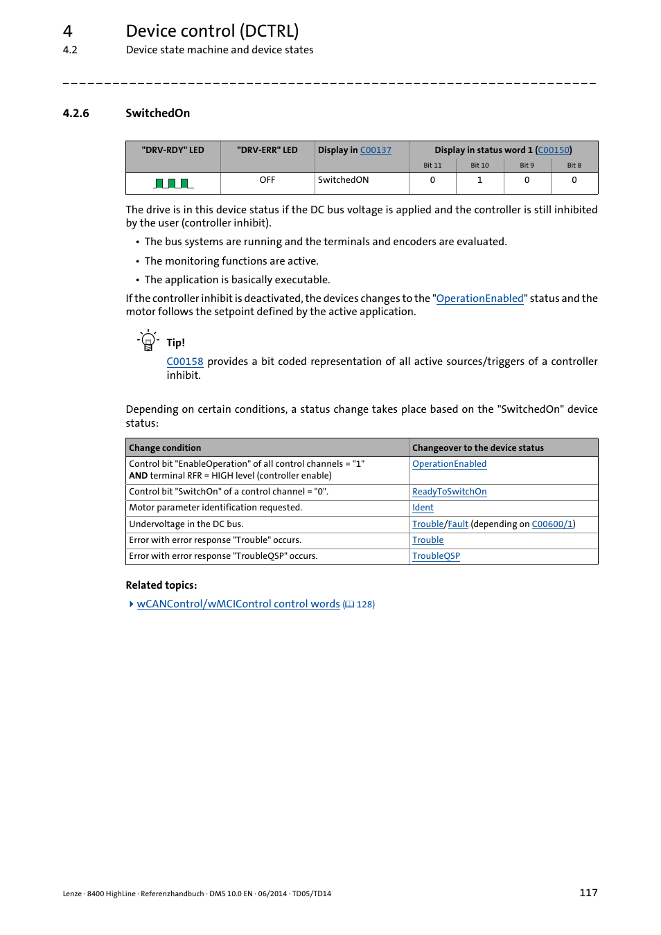 6 switchedon, Switchedon, Stat | 4device control (dctrl) | Lenze 8400 HighLine User Manual | Page 117 / 1576