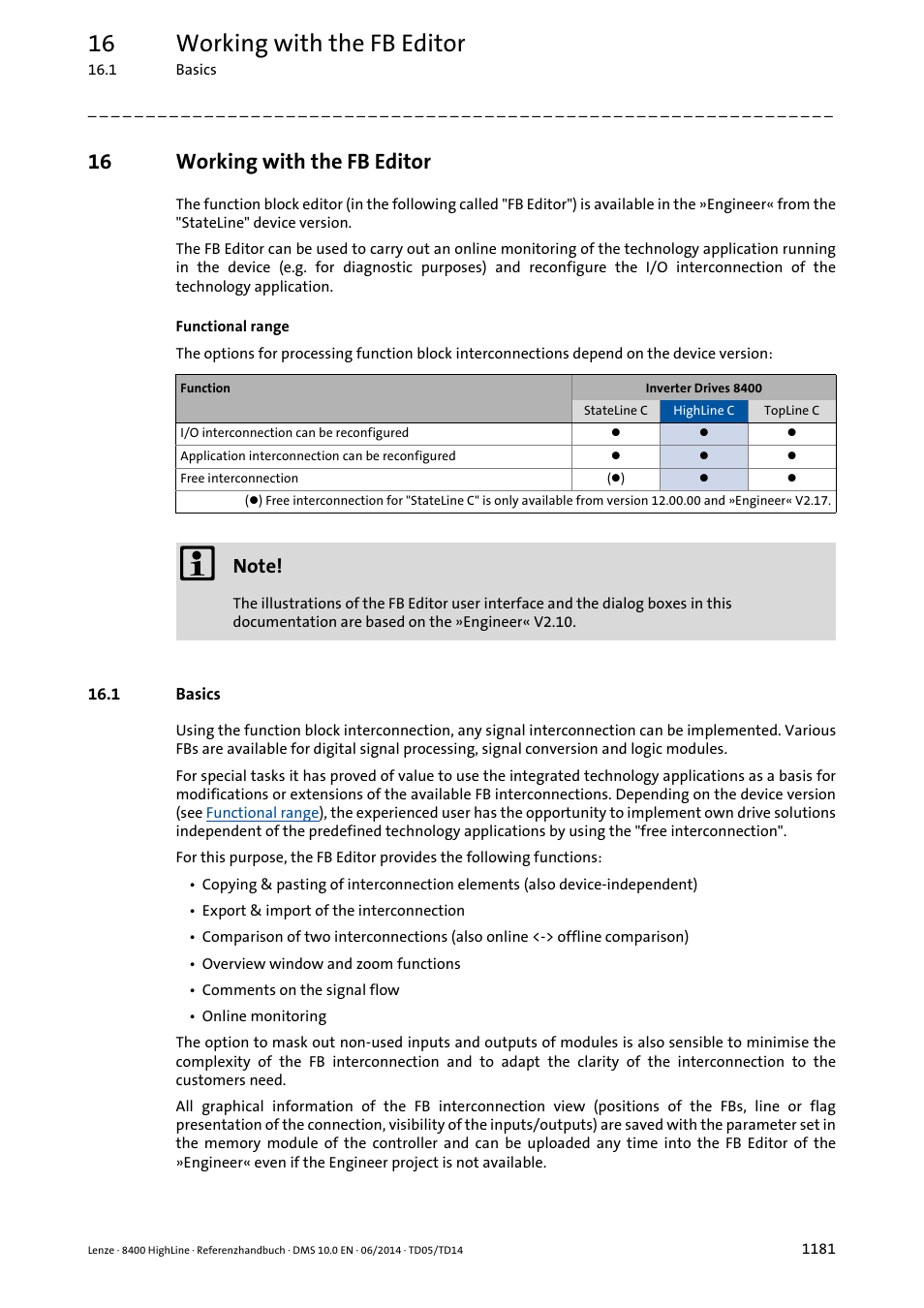 16 working with the fb editor, 1 basics, Working with the fb editor | 1 basics 1 | Lenze 8400 HighLine User Manual | Page 1181 / 1576