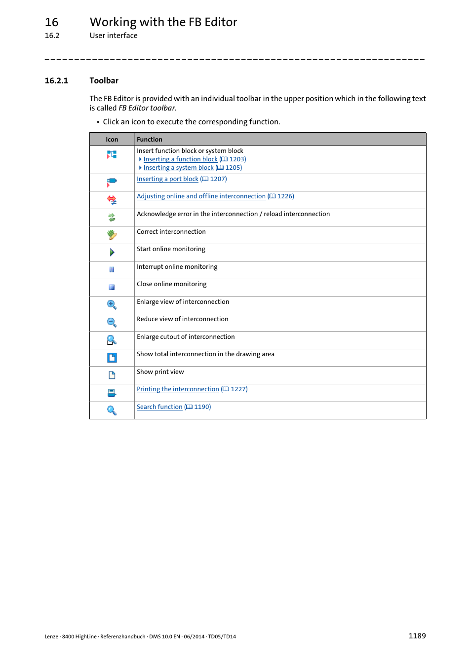 1 toolbar, Toolbar 9, Toolbar | 16 working with the fb editor | Lenze 8400 HighLine User Manual | Page 1189 / 1576