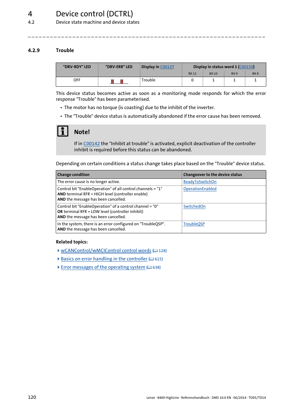 9 trouble, Trouble, 4device control (dctrl) | Lenze 8400 HighLine User Manual | Page 120 / 1576