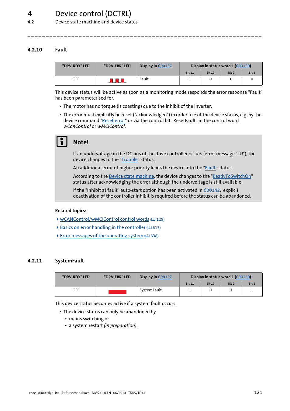 10 fault, 11 systemfault, Fault | Systemfault, 4device control (dctrl) | Lenze 8400 HighLine User Manual | Page 121 / 1576