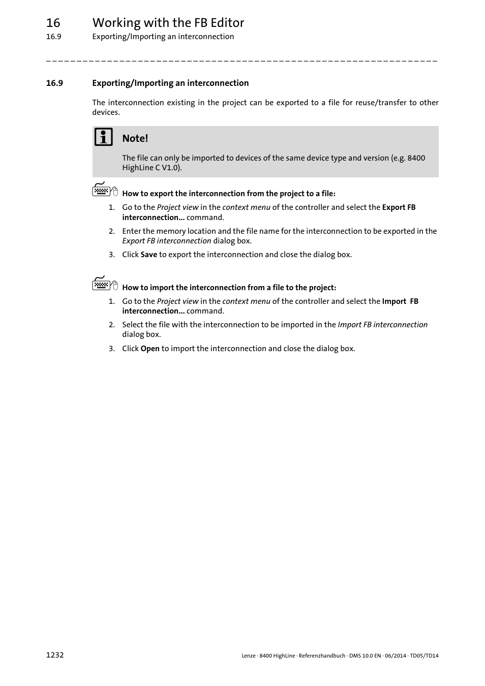 9 exporting/importing an interconnection, Exporting/importing an interconnection 2, 16 working with the fb editor | Lenze 8400 HighLine User Manual | Page 1232 / 1576