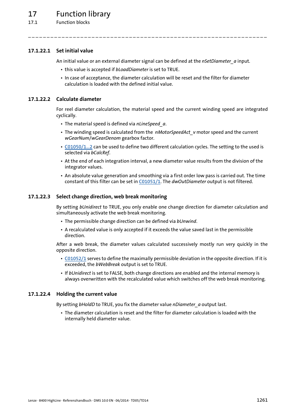 1 set initial value, 2 calculate diameter, 3 select change direction, web break monitoring | 4 holding the current value, Set initial value 1, Calculate diameter 1, Select change direction, web break monitoring 1, Holding the current value 1, 17 function library | Lenze 8400 HighLine User Manual | Page 1261 / 1576