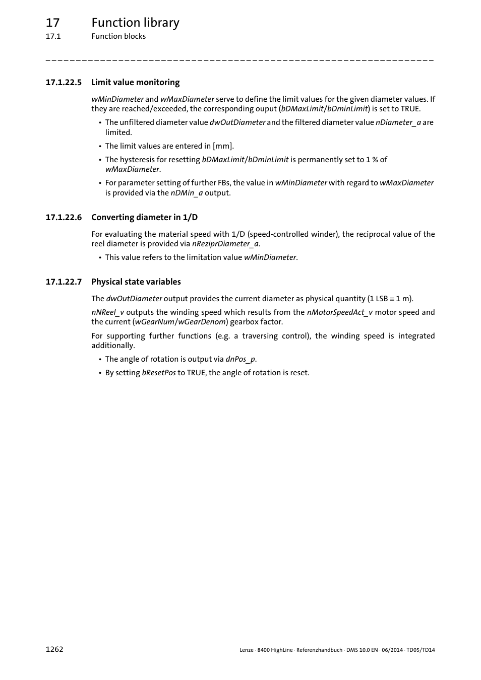 5 limit value monitoring, 6 converting diameter in 1/d, 7 physical state variables | Limit value monitoring 2, Converting diameter in 1/d 2, Physical state variables 2, 17 function library | Lenze 8400 HighLine User Manual | Page 1262 / 1576