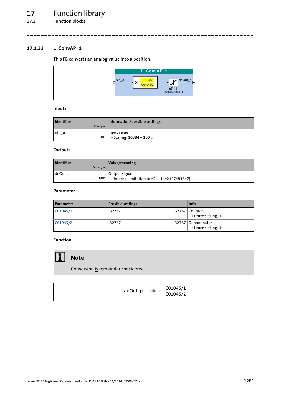 33 l_convap_1, 33 l_convap_1 1, L_convap_1 | 17 function library | Lenze 8400 HighLine User Manual | Page 1281 / 1576