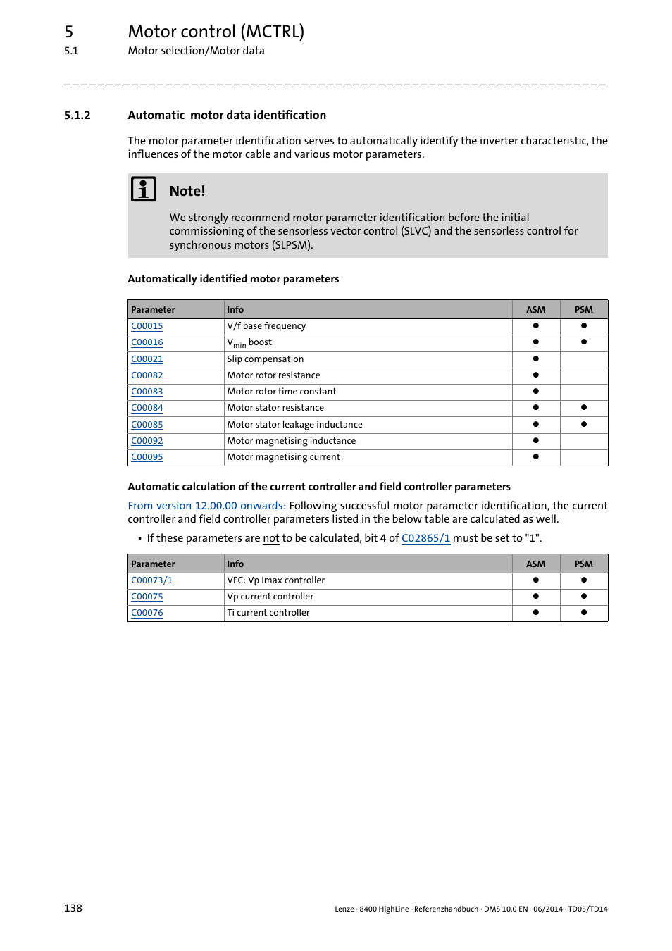 2 automatic motor data identification, Automatic motor data identification, Automatic motor parameter identification | Automatic motor, Data identification, 5motor control (mctrl) | Lenze 8400 HighLine User Manual | Page 138 / 1576