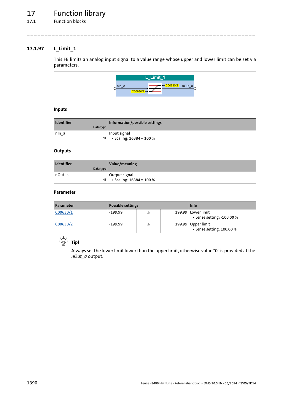 97 l_limit_1, 97 l_limit_1 0, L_limit_1 | 17 function library | Lenze 8400 HighLine User Manual | Page 1390 / 1576